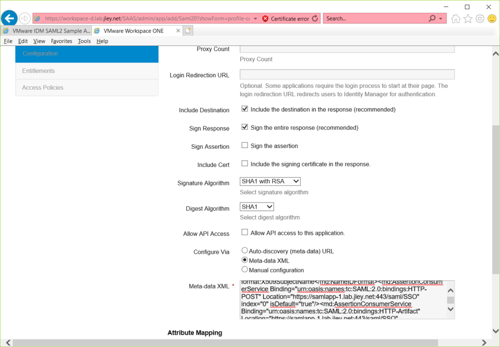 second page of new application configuration within Identity Manager with xml metadata pasted into form